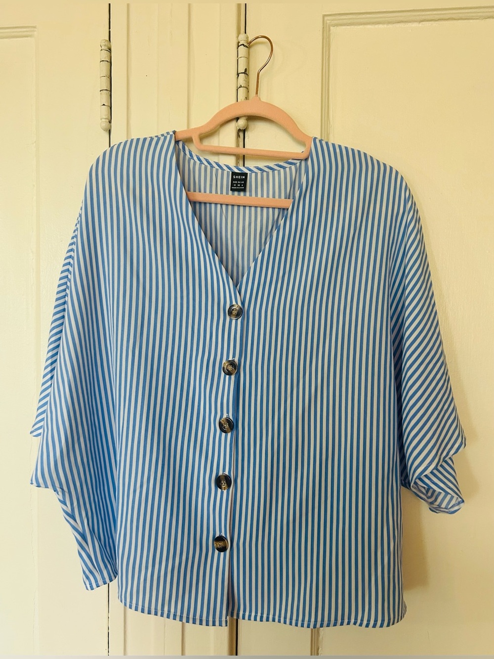 SHEIN Blue and White Striped Button-Front Blouse